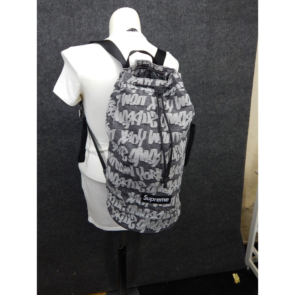 Supreme Fat Tip Jacquard Denim Backpack Black White Graffiti Logo Bag